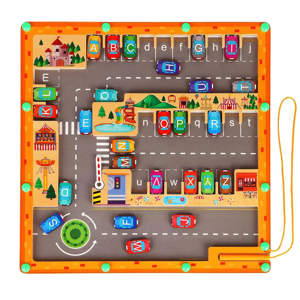 Alfabeto Magnético Carros em Movimento - Puzzle Educativo Montessori para Desenvolvimento Motor Infantil - Criatividade Materna