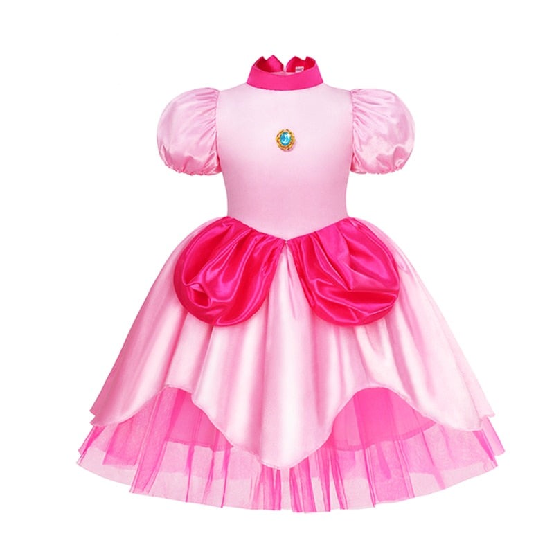 Fantasia Princesa Peach, Super Mario, Vestido de princesa, Fantasia infantil, Personagem de videogame, Fantasia temática, Festa a fantasia, Fantasia autêntica, Realeza infantil, Transformação mágica, Evento temático, Vestir como Peach, Vestido luxuoso, Universo do Super Mario, Brincadeira criativa, Roupa icônica, Princesa do reino dos cogumelos,
