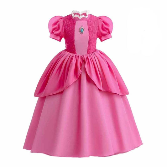 Fantasia Princesa Peach, Super Mario, Vestido de princesa, Fantasia infantil, Personagem de videogame, Fantasia temática, Festa a fantasia, Fantasia autêntica, Realeza infantil, Transformação mágica, Evento temático, Vestir como Peach, Vestido luxuoso, Universo do Super Mario, Brincadeira criativa, Roupa icônica, Princesa do reino dos cogumelos,