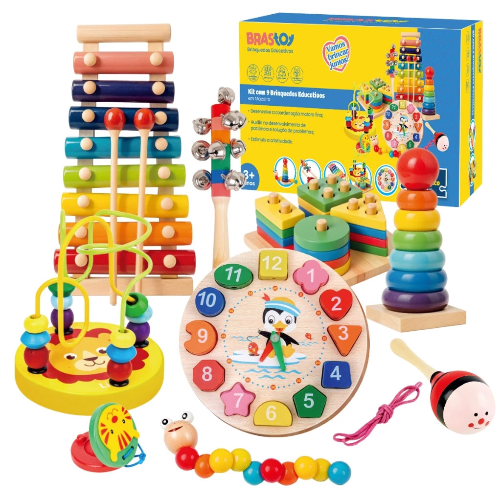 Kit Montessori em Madeira – 9 Brinquedos Educativos (2+ Anos)